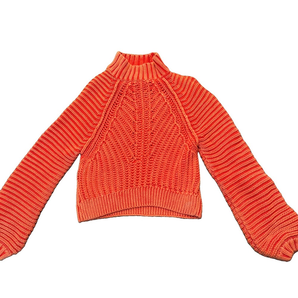 Free People Sweater Womens XS Orange Mock Neck Cable Chunky Knit Raglan Fall